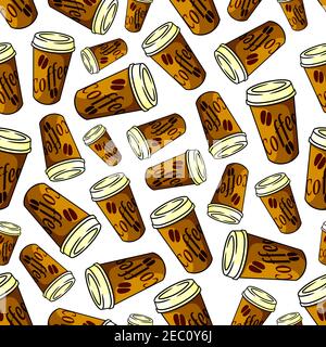 Seamless takeaway coffee pattern of brown paper cups with lids, decorated by printed coffee beans over white background. Fast food refreshing beverage Stock Vector