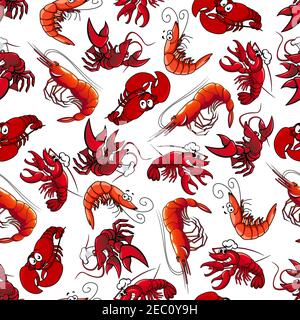 Delicious seafood characters seamless background with pattern of atlantic red shrimps, prawns and lobsters Stock Vector