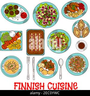 National finnish cuisine dishes with smoked salmon and vegetables, rice and fish rye pies, sausages and meatballs with berry jam, cabbage and reindeer Stock Vector