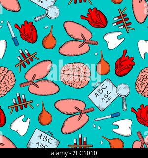 Medical seamless pattern of human hearts and lungs, brains and teeth, blood test tubes and charts for visual acuity testing, pipettes and enemas on cy Stock Vector
