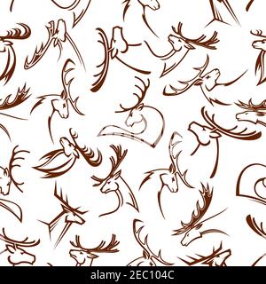 Gorgeous deers heads seamless pattern of reindeers and elks, white tailed deers, mooses and fallow deers with powerful antlers Stock Vector