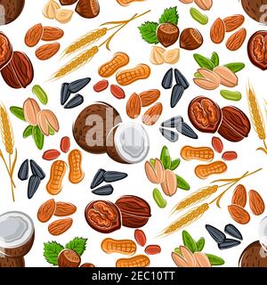 Wholesome nuts and seeds, legumes and cereal seamless pattern of almonds and hazelnuts, peanuts and pistachios, coconuts and walnuts, wheat ears and s Stock Vector