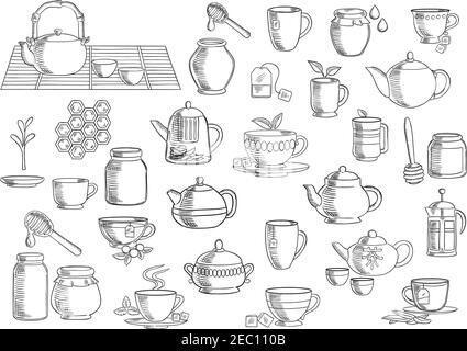 Tea and beverages hand drawn icons set with cups and mugs with fresh tea leaves, sugar cubes and tea bags, oriental tea sets, retro ceramic teapots an Stock Vector