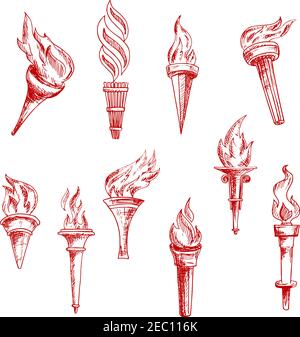 Medieval flaming torches sketches in engraving style with figured handles and powerful flames. Use as heraldic, religion, sport symbol design Stock Vector