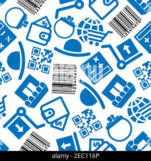 Business, e-commerce and on-line shopping seamless background with blue and black pattern of store buildings and calculators, wallets and barcodes, gl Stock Vector