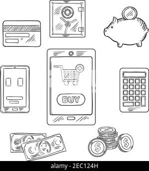 Online shopping and finance sketch concept design with tablet pc with shopping cart and button Buy on the screen, surrounded by dollar bills and coins Stock Vector