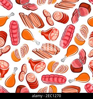 Tasty meat products seamless pattern with sausages and chicken legs, roast beef, spicy meat loaves and cured ham on white background. Butcher shop, me Stock Vector