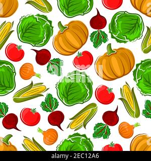 Autumnal vegetables seamless pattern with orange pumpkins and corn cobs, ripe red tomato and juicy beet, green cabbage and spicy onion on white backgr Stock Vector