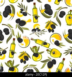 Seamless healthful olive oil pattern of olive tree leafy twigs with black fruits and oil drops, glass bottles with natural extra virgin olive oil on w Stock Vector