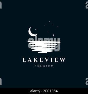 Lake view in the night illustration logo design vector template Stock Vector