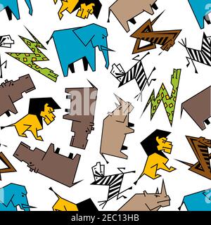 Wild animals of african savanna seamless pattern with stylized cartoon snakes, elephants and lions, hippos and zebras, snakes and rhinos. Childish roo Stock Vector