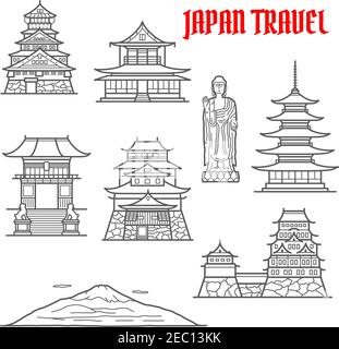 Japan travel landmarks thin line icons of Fuji mountain and Ushiku Great Buddha, Imperial palace and Osaka castle, deva gate of Kiyomizu-dera temple, Stock Vector