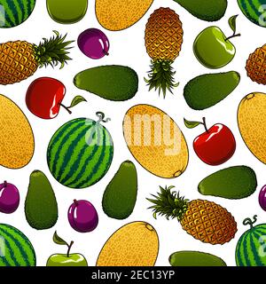 Ripe summer fruits seamless pattern for agriculture or kitchen interior design with red and green apples, plums and pineapples, watermelons, avocados Stock Vector