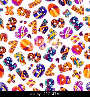 Decorative colorful numbers seamless pattern adorned by bright ornament of flowers and stars, circles and strips over white background. May be use in Stock Vector
