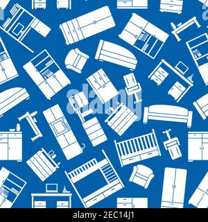 Blue seamless pattern with white office and kitchen, children and living room furniture. For interior, accessories or scrapbook page backdrop design Stock Vector