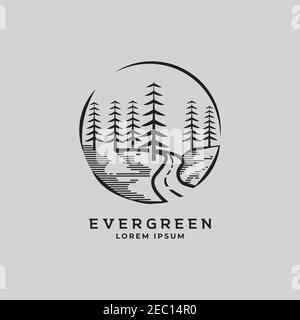 Pines Tree Forest and Road Way vintage logo design vector template Stock Vector