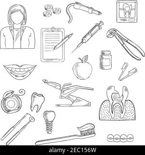 Dentistry icons set with dentist, x-ray and cross section of cracked tooth, dentist chair and instruments, syringe and pills, tooth implant and braces Stock Vector