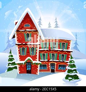 Christmas vector illustration with fabulous snowy red cottage at winter landscape and firs flat vector illustration Stock Vector