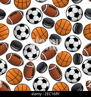 Seamless pattern of soccer, american football and basketball balls and ice hockey rubber pucks randomly scattered over white background. May be use as Stock Vector