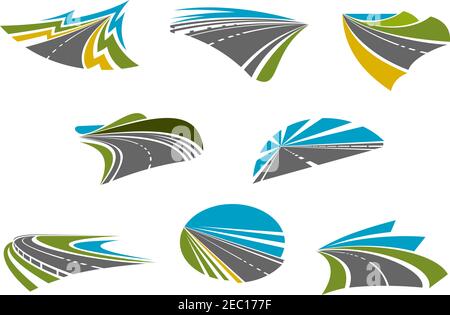 Roads isolated icons for car road trip, traveling and vacation design with coast, mountain and rural highways with colorful nature landscapes Stock Vector