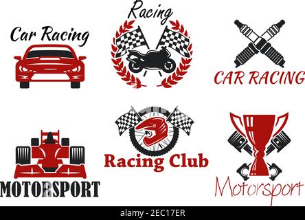 Motorsport and racing sport heraldic symbols for racing club or race competition design with racing cars and motorcycle, protective helmet and wheel, Stock Vector