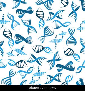 Seamless DNA elements pattern with blue twisted helices over white background. Medicine, genetics and science research themes Stock Vector