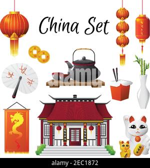 Chinese culture classic national symbols set with red lantern steamed rice and maneki neco isolated vector illustration Stock Vector