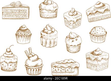Sketches of scrumptious cupcakes and muffins in thin paper cups, berry pie and chocolate tiered cake, decorated by butter cream, whipped cream, fresh Stock Vector