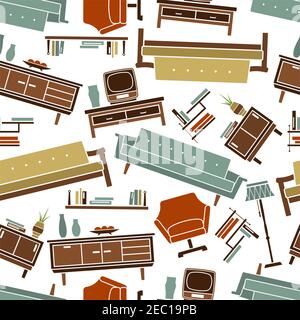 Retro home furniture seamless pattern with armchair and sofa, floor lamp and bookshelf, bedside table and chests of drawers with TV set, books and vas Stock Vector