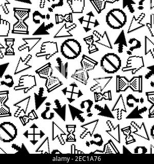 Computer cursors seamless pattern with randomly scattered pixelated symbols of mouse hand and arrow, hourglass and question mark, access denied and cu Stock Vector