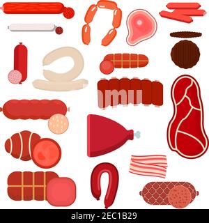 Farm-raised meat products with fresh beef and pork steaks, burger patty and smoked ribs, sliced bacon, dry cured ham and assorted of salami or peppero Stock Vector