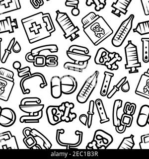 Medicine seamless pattern with outline silhouettes of pills and capsules, stethoscopes and blood test tubes, syringes and thermometers, first aid kits Stock Vector