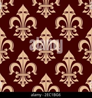Pale brown fleur-de-lis seamless pattern with stylized floral elements of heraldic lilies over dark brown background. Heraldic bakground, vintage inte Stock Vector