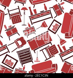 Comfort furniture seamless pattern for home interior, textile and wallpaper design with quiet red pattern of sofas and armchairs, tall chairs and ches Stock Vector