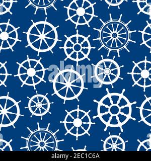 Nautical ship helms seamless pattern with white silhouettes of boat steering wheels with decorative spokes and handles over blue background. Marine th Stock Vector