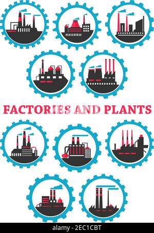 Industrial plants and factories icons with flat silhouettes of buildings, heavy machinery and fuming pipes, framed by blue mechanical gears Stock Vector