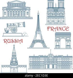 Travel landmarks of Russia and France with Eiffel Tower and Notre Dame Cathedral, Red Square and Kremlin wall with clock tower, Arc de Triumph, Big Th Stock Vector