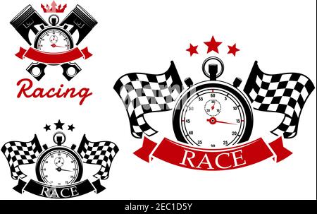Motorsport and racing icons design with stopwatches and checkered flags on both sides or crossed pistons on background adorned by stars, crown and rib Stock Vector