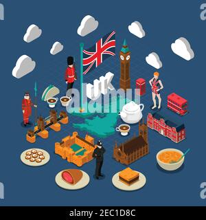Great Britain concept composition with culture and travel symbols isometric isolated vector illustration Stock Vector