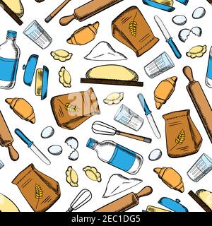 Homemade baking ingredients and utensil seamless pattern with flour and milk, eggs and butter, dough and rolling pins, whisks and knives Stock Vector