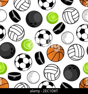 Sports balls and hockey pucks seamless pattern with colorful background of soccer or football, volleyball and tennis, basketball and golf, bowling and Stock Vector