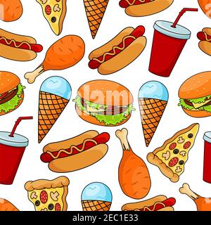 Seamless pattern of assorted tasty fast food with cheeseburger and thin slices of pepperoni pizza, hot dogs and fried chicken legs, mint ice cream con Stock Vector