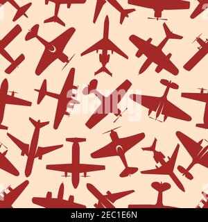 Red silhouettes of flying passenger, cargo and military airplanes seamless pattern. Aircraft, air travel and aviation design Stock Vector