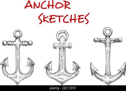 Old fashioned nautical anchors with decorative stock rods. Sketch style. Navy heraldic symbol, marine and adventure themes Stock Vector