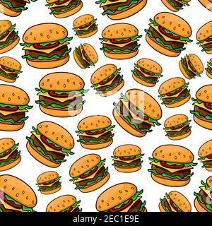 Seamless pattern with tasty fast food cheeseburgers on wheat bread rolls, topped with grilled patties of ground beef, tomatoes, lettuce and slices of Stock Vector