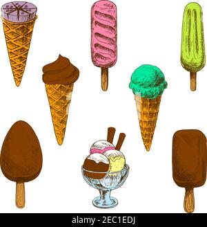 Chocolate, mint and blueberry ice cream cones sketches with strawberry and fruit popsicles, chocolate covered vanilla ice cream and ice cream sundae d Stock Vector