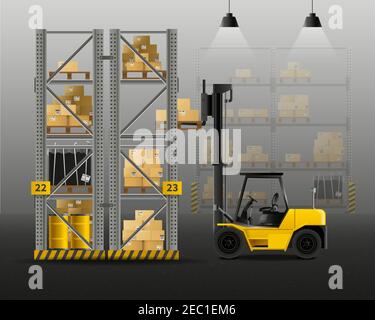 Warehouse realistic composition with forklift storage and cargo boxes ...