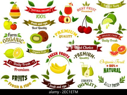 Ripe farm fruits design elements for agriculture and farm market design with ripe apples and pears, oranges and peaches, bananas and lemons, limes and Stock Vector