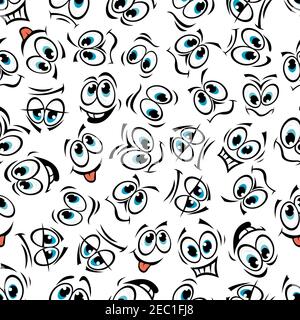 Funny cartoon comics faces seamless background pattern of blue eyed smileys with happiness, fright, love, confusion, distrust, rage and hope emotion e Stock Vector