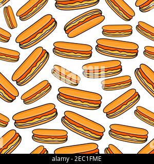 Hot dogs seamless pattern of fast food sandwiches with sausages served in sliced buns with mustard garnish on white background. Takeaway menu and stre Stock Vector